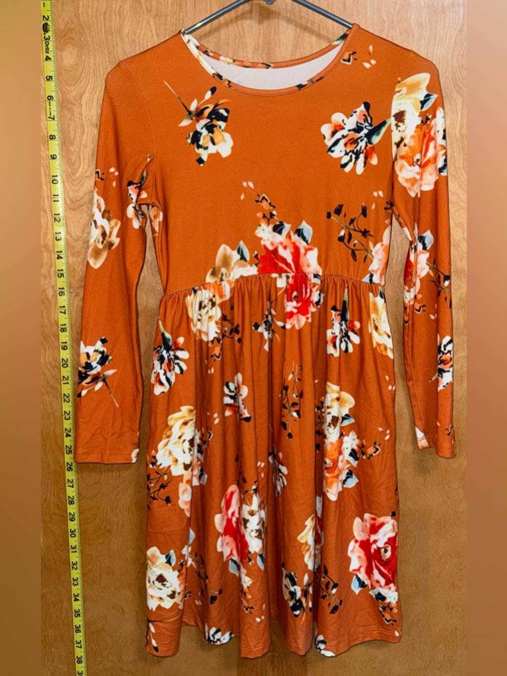 Floral Long-Sleeve Empire-Waist Dress in Rust